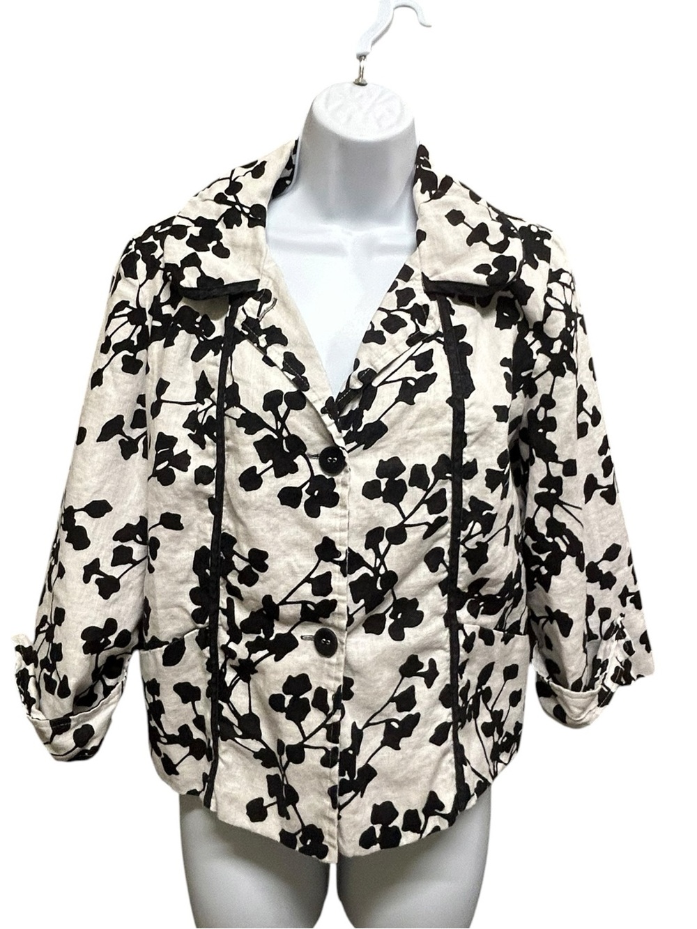 Mandarin Blue Black White Pattern Linen Blazer Jacket Size S